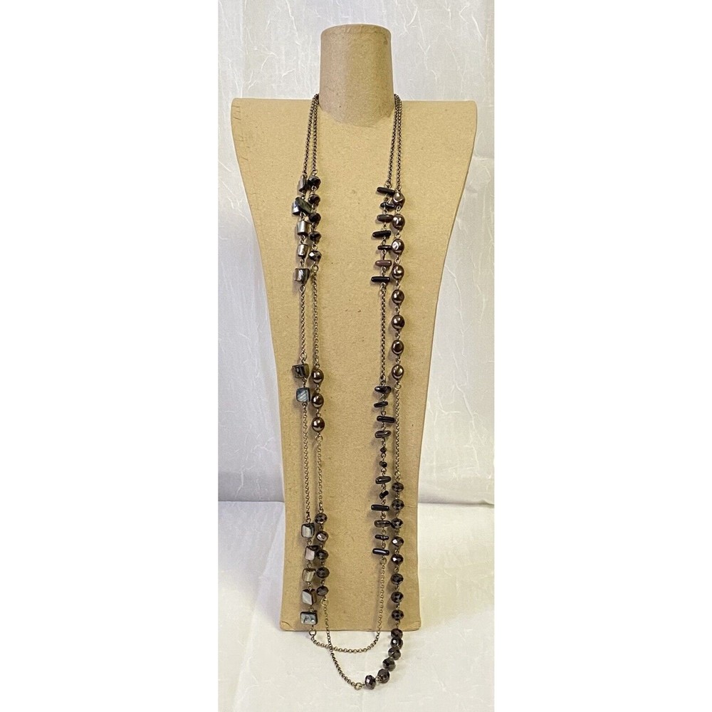 Lia Sophia Revival Bead Necklace Gold Purple Gray Mother of Pearl Double Strand